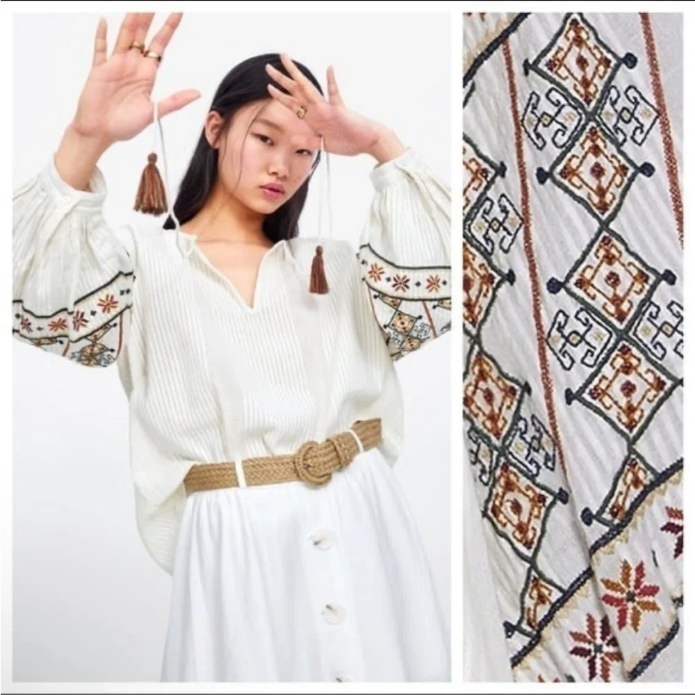 NWT. Zara Ivory Embroidered Blouse. Size M.